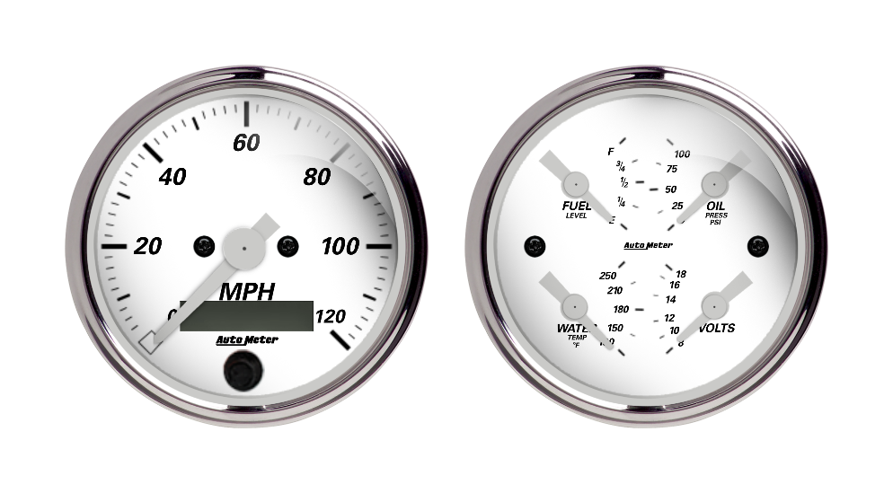 Speedometer and quad with matching AutoMeter dials and chrome bezels