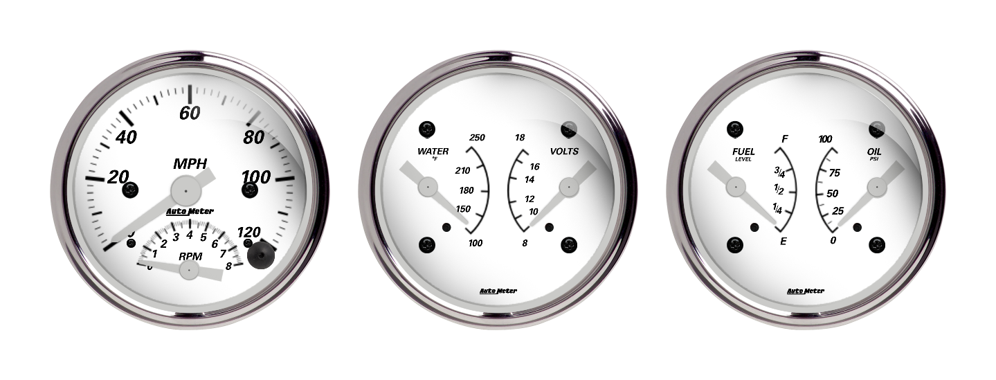 Three dual gauges with matching AutoMeter dials and chrome bezels