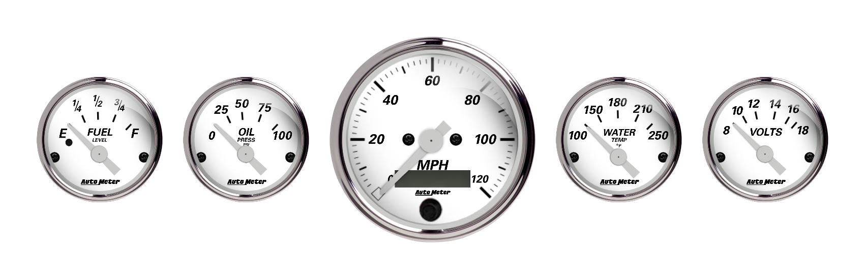 Five-gauge set with matching AutoMeter dials and chrome bezels
