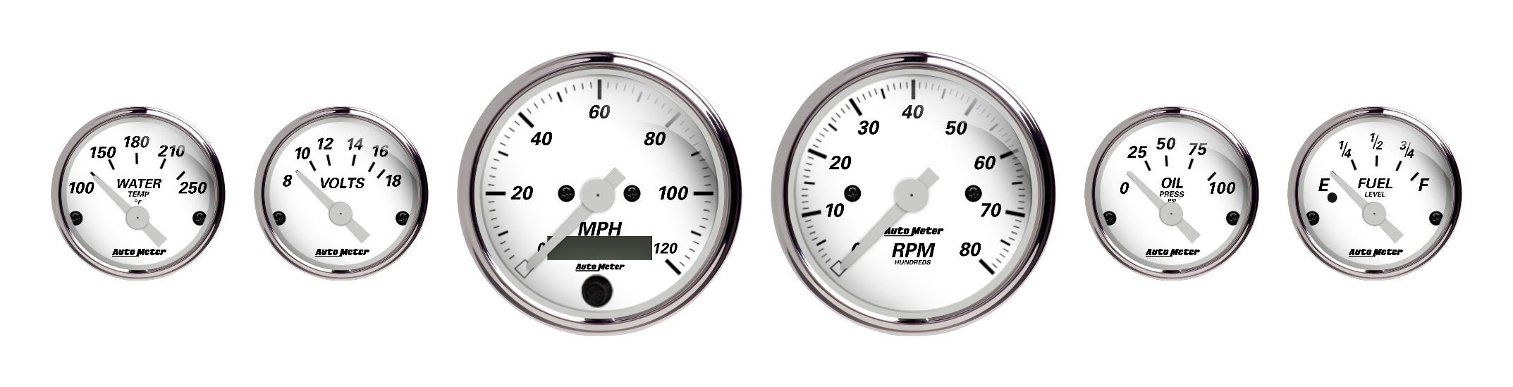Six-gauge set with matching AutoMeter dials and chrome bezels